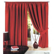 Pair of Red Faux Silk Pencil Pleat Curtains
