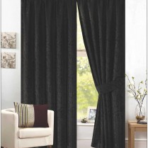 Pair of Black Pencil Pleat - Fully Lined Jacquard Swirl Curtains + Tie Backs 