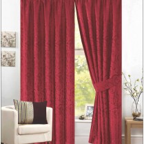 Pair of Red Pencil Pleat - Fully Lined Jacquard Swirl Curtains + Tie Backs