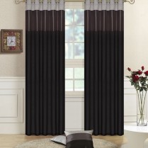 Pair of Fully Lined  Black, Grey,Silver Faux Silk THREE TONE Eyelet / Ring Top Curtains with Matching Tiebacks