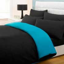 6pc Reversible Complete Black / Teal Duvet Cover and Fitted Sheet Bed Set