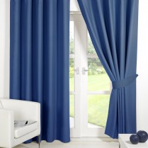 Pair of Blue Supersoft Blackout Thermal Curtains Ring Top / Eyelet *inc Tiebacks