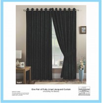 Pair of Black Eyelet / Ring Top - Fully Lined Jacquard Swirl Curtains + Tie Backs 