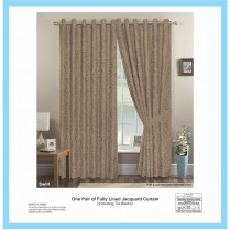 Pair of Mocca Eyelet / Ring Top - Fully Lined Jacquard Swirl Curtains + Tie Backs