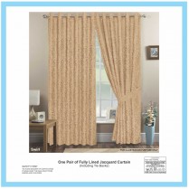Pair of Coffee Eyelet / Ring Top - Fully Lined Jacquard Swirl Curtains + Tie Backs