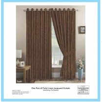 Pair of Chocolate Brown Eyelet / Ring Top - Fully Lined Jacquard Swirl Curtains + Tie Backs