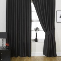 Pair of Black Faux Silk Eyelet Curtains